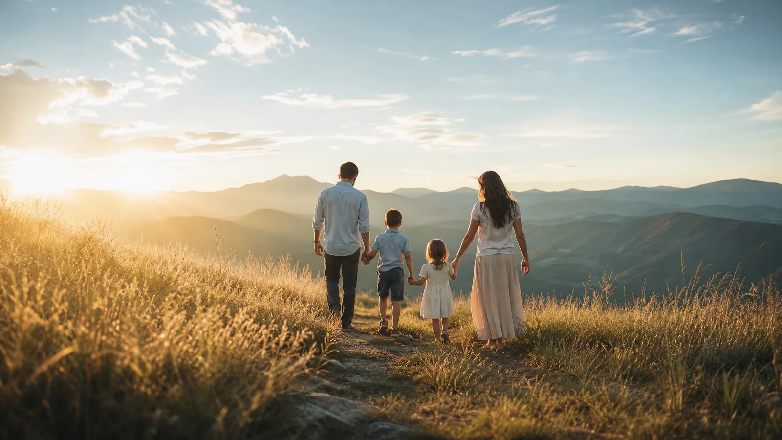A family walking together up a sunlit meadow path